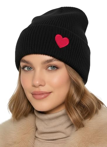 Baesics Wintermütze Schwarz mit Herz Pink Damen Herren Unisex weiche kuschelige Strickmütze Beanie elastisch und warm One Size für Herbst und Winter Alltag und Outdoor Geschenk Frauen Männer