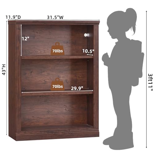 43" Walnut Tall Bookshelf Set of 2,3-Tier Thick Wooden Book Shelf with Adjustable Shelves,Free Standing Farmhouse Bookcase with Open Display Storage,Floor Vintage Bookshelves for Living Room - Image 3