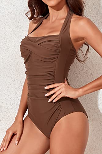 Image of Smismivo Tummy Control Swimwear Halter One Piece Slimming Vintage Retro Swimsuit Womens Ruched Push Up Bathing Suit
