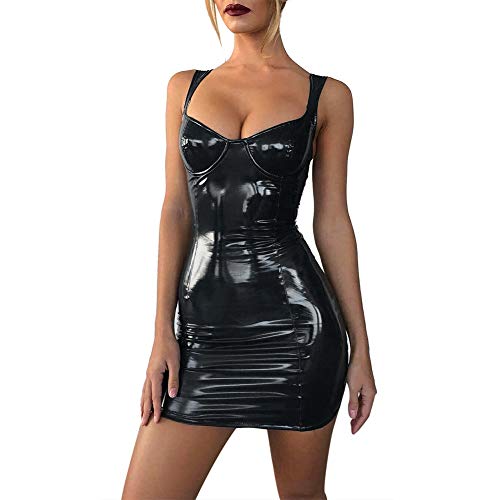 Vestidos sexy femininos de couro envernizado de corte baixo sem mangas costas nuas Mini vestido para