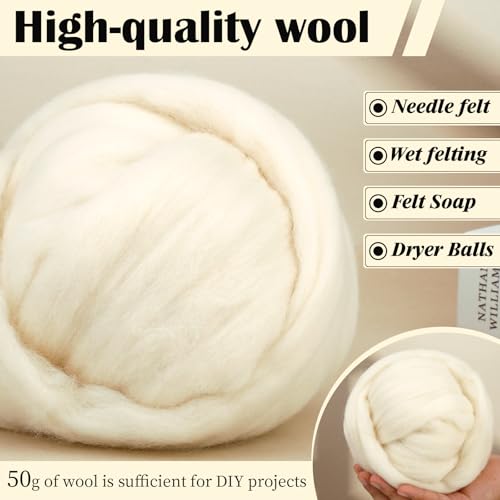 Image of Mayboos 1.76oz White Natural Wool Roving, Needle Felting Wool | Wool for Needle Felting White Color for Wet /Dry Felting Handcrafts and Spinning