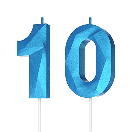 Number Birthday Candles(10 Candle Blue) 3D Diamond Shape Number Happy Birthday Cake Candles for Birthday Party Wedding Decoration Reunions Theme Party