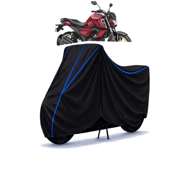 Image of FZS FI V4 Standard Bike Cover Water Resistant Universal Motorcycle Rain | Heavy Duty UV Protection, Dust, Scratch Indoor Outdoor All Weather with Black Blue Piping Elastic