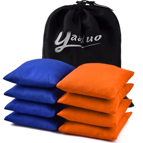 yaaduo Set of 8 Regulation Cornhole Bags Double Sided, Weather Resistant Bean Bags for Cornhole Toss Game, Corn Hole Beans Bags with Tote Bag (Blue/Orange)