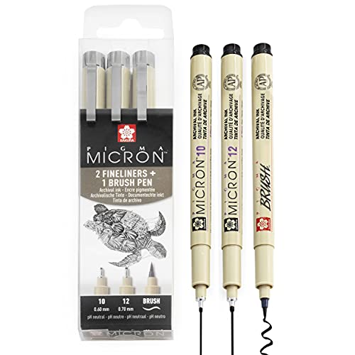 Sakura Pigma Micron Boîte de 3 stylos fineliners pigmentés - 10/12/Pinceau - Encre noire