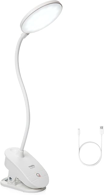 Miady Lampka do czytania na łóżko, lampka zaciskowa z akumulatorem do ponownego ładowania przez USB, 3 poziomy jasności, ochrona oczu, lampa zaciskowa, sterowanie dotykowe, elastyczna łabędzia szyja