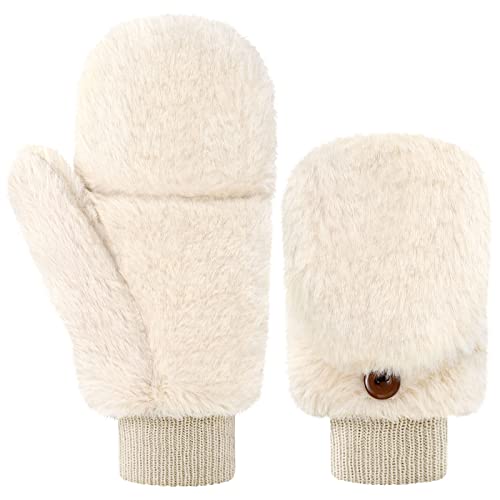 Geyoga Damen Fäustlinge Pelz Winter Handschuhe Warme Kunstpelz Handschuhe mit Flip Weiche Fell Fingerlose Handschuhe (Beigeweiß)