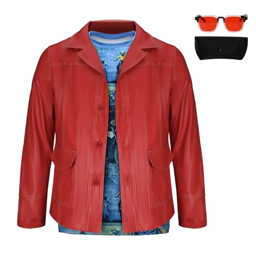 NOVACOS Tyler Durden Red Leather Jacket Adult Men Halloween Cosplay Costume Outfit Motorcycle Racer Jacket with Shirt Sunglasses (X-Large)