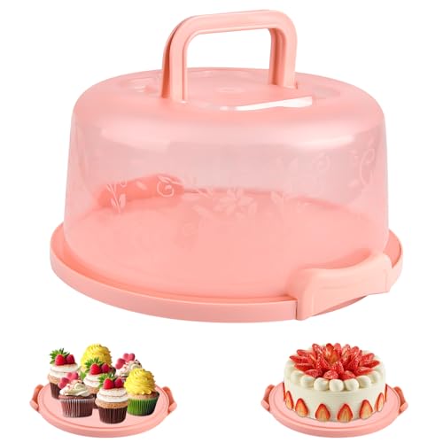 Akamino 10 Inch Cake Carrier, Clear Plastic Cake Containers with Collapsible Handle and Lid, Portable Round Cake Box Cake Tin Storage for Pies Cupcake Muffins Party, Pink