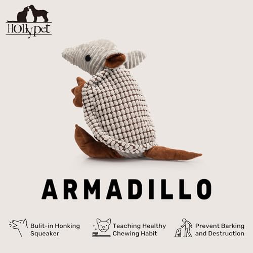Image of Hollypet Plush Dog Squeaky Toy Stuffed Armadillo Animal Pet Puppy Chew Toys with Clean Teeth for Small Medium Large All Breed Sizes Dogs, Gray Large, 14 in