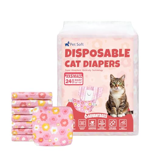 Pet Soft Disposable Cat Diapers - Diaper for Female & Male Cats Puppy Diapers Super Absorbent Fit for Dogs in Heat Period or Urine Incontinence 24pcs (XXS Pink)