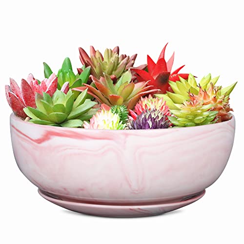 G Epgardening 8In Marble Large Round Ceramic Succulent Planter Pot With Drainage Hole And Plant Saucer Shallow Bonsai Planter Pot Flower Pot For Indoor Outdoor Plants With Marble Tray Pink #TOP5