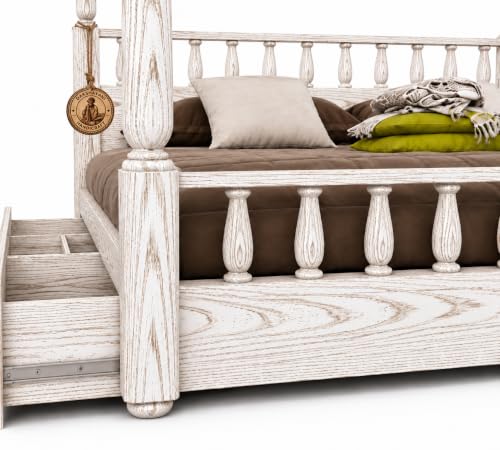 Image of Sheesham Solid Wood Allure Poster Bed for Bedroom | Handmade Wooden Cot | Elegant Four Poster King Size Bed Frame (Rustic White, King, Allure with Storage)