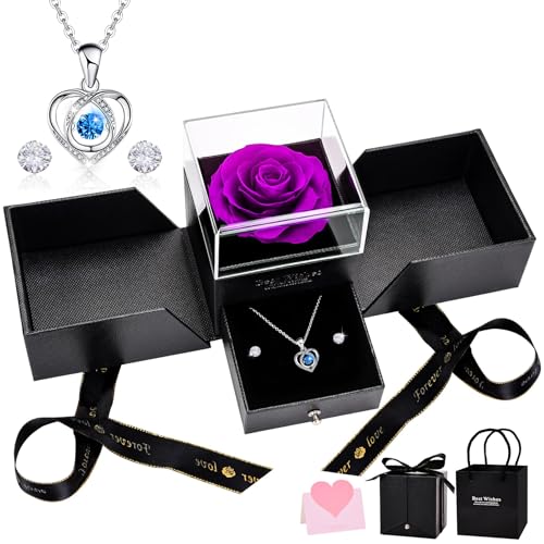 UUEMB Rose Éternelle, Violet Roses Préservée avec Collier Coeur et Boucles d'oreilles, Main Coffret Cadeau Bijoux Saint Valentin Fête des Mères...