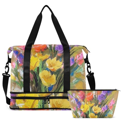 Retro Flowers with Color Oil Painting Feel Travel Duffel Bag Shoulder Weekender Overnight Bag with Toiletry Bag for Trekking Waterproof2