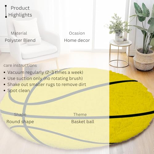 Image of Modern Shaggy Round Rug | Ultra-Soft Plush Circle Carpet for Living Room, Bedroom, Nursery | Fuzzy, Fluffy Area Rug with Non-Slip Base Yellow Ball 7x7 feet