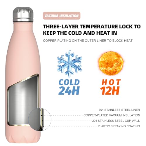 Image of WATERSY Stainless Steel water bottles,17oz /500ml Insulated Water Bottles,Pink metal water bottle Keeps Drink Cold and Hot,BPA Free kids water bottles for School,Gym,Travel,Sports