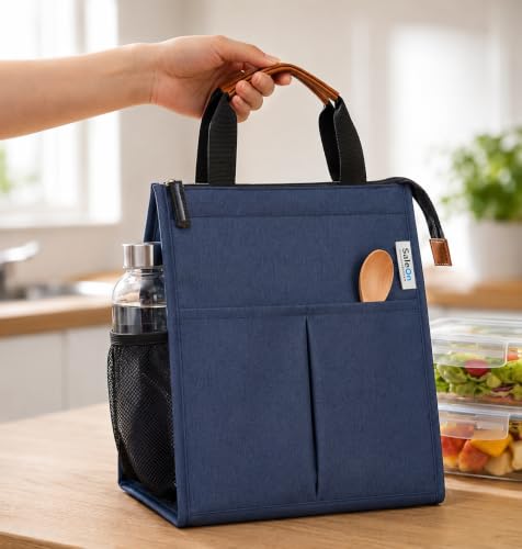 Image of SaleOn Insulated Lunch Bag for Women & Men | Waterproof Soft Cooler Tote | Leakproof, Reusable with Pockets | Thermal Lunch Box for Office, Travel, Picnic (Navy Blue)