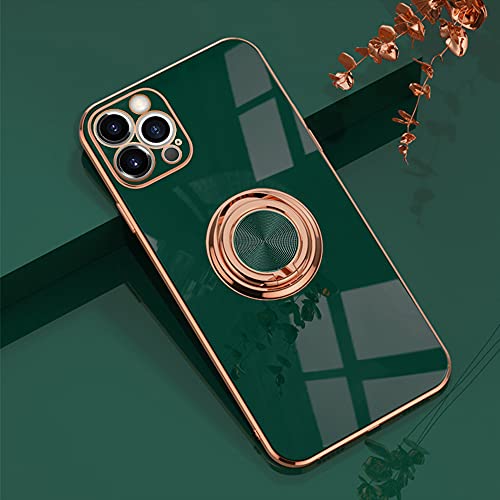 Omorro for iPhone 12 Pro Max Ring Holder Case 360 Degree Rotation Kickstand Girly Case Shiny Plating Rose Gold Edge Work with Magnetic Car Mount Slim Soft Tup Case for Women Girls 6.7 Inch Green