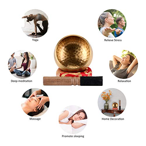 EKKONG Originele Tibetaanse klankschaal, handgemaakte klankschaal, set klankschalen met leren klos en klankschaalkussen… - Image 6