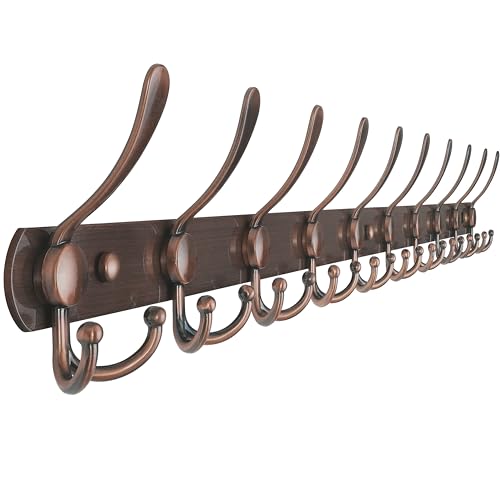 Dseap Wall Mounted Coat Rack - 96cm Long 10 Tri Hooks, Heavy Duty Stainless Steel Metal Coat Hanger Rail Wall Hooks for Coats Hats Clothing Clothes Purse Mudroom Entryway, Antique Copper