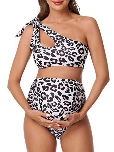 Summer Mae Maternity Two-Piece Swimsuit Bikini Set Cutout One Shoulder Bathing Suit Tie Side Pregnancy Swimwear Leopard 19 Small #TOP12