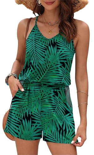 Image of MISFAY Womens Summer Loose V Neck Spaghetti Strap Short Jumpsuit Rompers (Black Green Leaf,M)