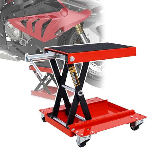 Élévateur à Ciseaux pour Moto, Charge de 560 kg, Table élévatrice réglable de 85 à 340 mm, matériau en Acier au Carbone, manivelle audacieuse, vis épaisse/Structure Stable,Red