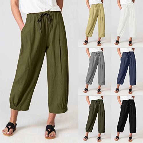 Tba Women's Casual Pants Summer Wide Leg Capris Drawstring Elastic High Waist Cotton Cropped Trousers With Pockets Green #TOP1