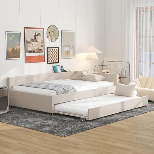 Full Size Upholstered Platform Bed with Linen Fabric, Twin Trundle, Built-in USB Ports, Sturdy Wood Frame, No Box Spring Required, Modern Bedroom Furniture, Beige, Space-Saving and Comfortable by GDFStudio - Used condition - Image 4