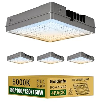 150W LED Canopy Light 4Pack, 80/100/120/150W Selectable, 5000K 22500LM Commercial LED Canopy Lights Outdoor IP65 Waterproof for Garage Shop Gas Station Carport Warehouse, DIM, 100-277VAC, ETL Listed