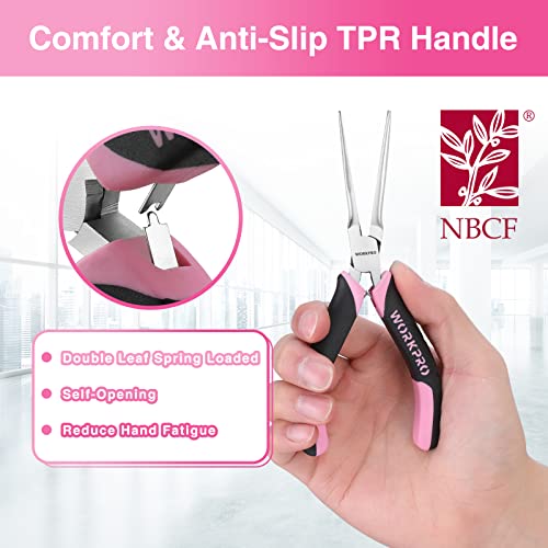 Workpro 6-Piece Mini Pliers Set, Needle Nose, Long Nose, Bent Nose, Diagonal, End Cutting And Linesman, For Crafts Work, Electronic Repair, With Pouch - Pink Ribbon #TOP3