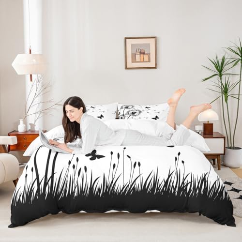 Dandelion Duvet Cover Set Twin Size,Rustic Natural Bedding Set 2pcs for Kids Teens Girls Boys Room Decor, Butterfly Floral Animal Comforter Cover Black and White Quilt Cover with 1 Pillowcase