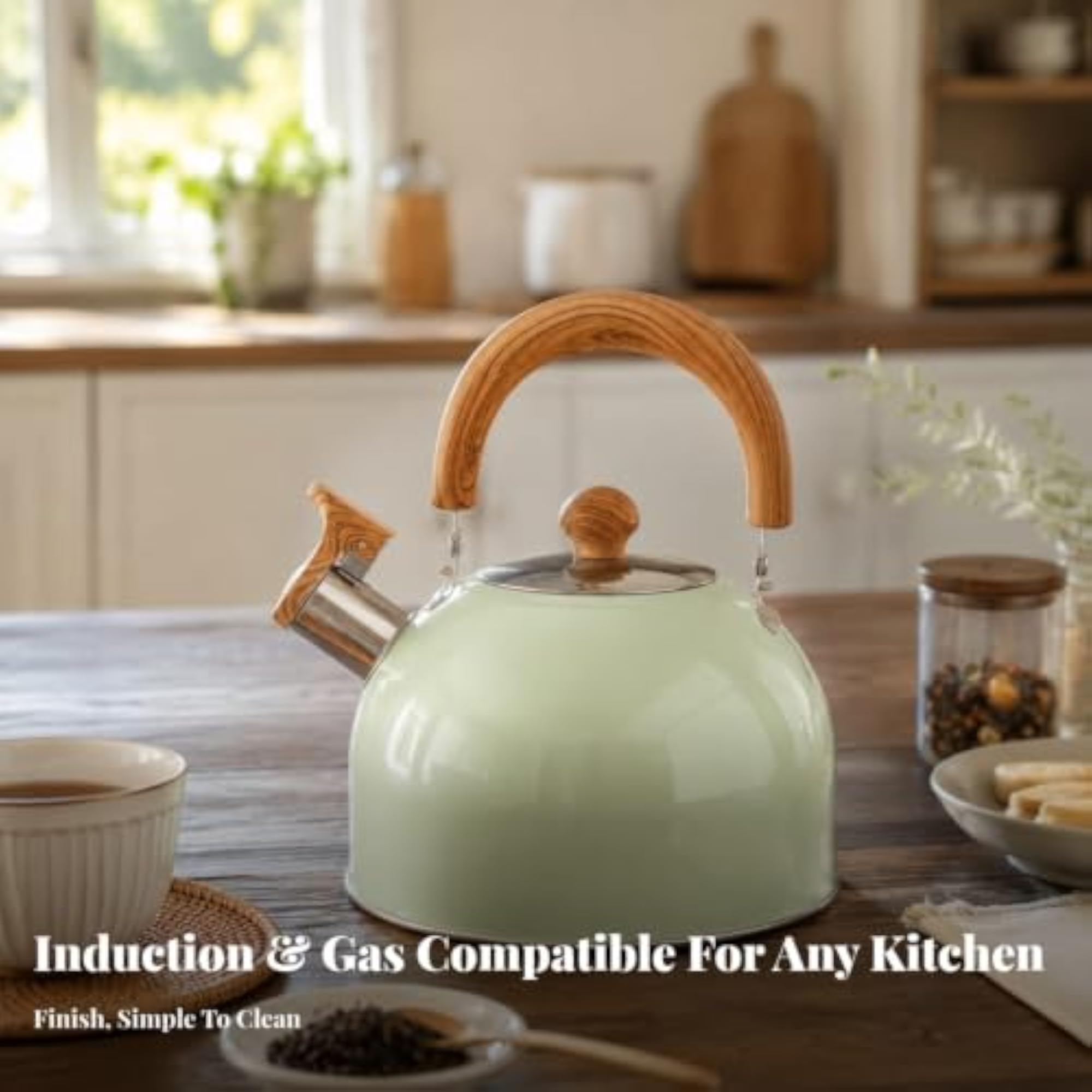 Induction-Ready Whistling Kettle with Wood-Grain Handle
