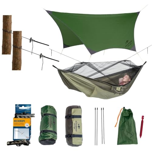 AMAZONAS - Traveller Set | Leichtes All-in-One Camping-Set mit Hängematte, Moskitonetz, Thermofach, wasserdichtem Tarp und Aufhängung | Kompaktes Packmaß 25cm x 10cm, Gewicht 1,48kg