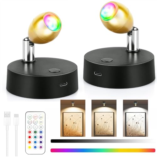 La mejor selección de Focos para la pared Top 5. 49 KUAEAY Lampara de Pared de Interior Inalámbrico con Remote Control, 13 RGBW Focos de Pared Recargable 2000mAH, Luz para Plantas Cuadros, Pinturas, Imágenes(2 Pack)