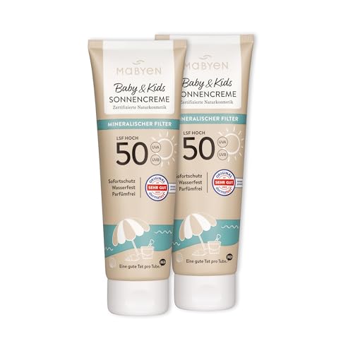 MABYEN 100% Mineralische Sonnencreme Baby & Kids LSF 50 Set 2x100ml Sonnencreme Baby mit mineralischem UVA/UVB-Filter Sofort-Schutz ohne Einwirkzeit wasserfest parfümfreie Naturkosmetik vegan