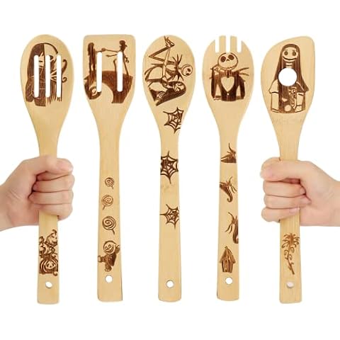 Nightmare Before Christmas Gifts - 5 Pcs Wooden Spoons for Cooking,Halloween Kitchen Utensils Set,Cooking Utensils set for Halloween Decor Cover