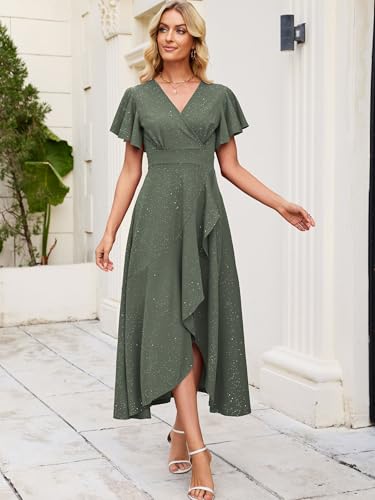 Image of Long Black Formal Dresses for Women Gowns Evening Party Cocktail Dress,Split Elegant V Neck Wrap Ruffle Wedding Guest Dresses