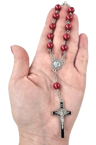 TALISMAN4U Sacred Saint Benedict Medal One Decade Catholic Rosary for Car Rearview Mirror Glass Pearl Beads Auto Rosaries Bracelet for Women Men St Benedict Crucifix Religious Gift4