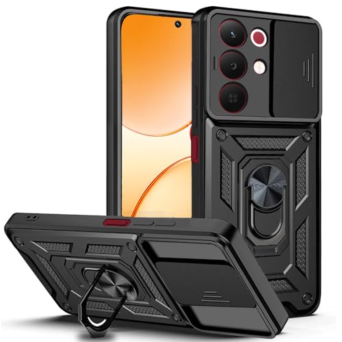 Image of Heavy Duty Back Case Cover for Realme C85 5G, Shockproof Realme C85 Back Cover, Ring Case with Kickstand and Camera Protection Shutter - Black