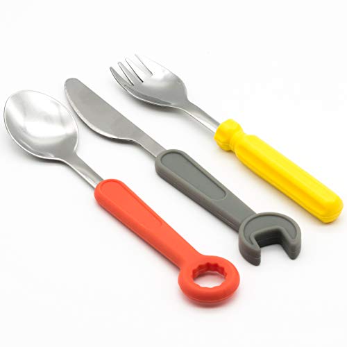 Hobicht - Kinderbesteck Kleiner Mechaniker für kleine Handwerker, Bauarbeiter oder Baustelle, als Geschenk für Jungen, ab 3 Jahre inkl. Kindermesser, Kindergabel, Kinderlöffel (Silikongriff) 1 Hobicht - Kinderbesteck Kleiner Mechaniker für kleine Handwerker, Bauarbeiter oder Baustelle, als Geschenk für Jungen, ab 3 Jahre inkl. Kindermesser, Kindergabel, Kinderlöffel (Silikongriff)