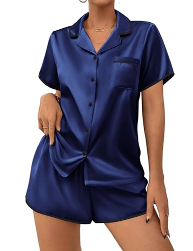 Image of Ekouaer Womens Satin Pajamas Set 2 piece Silky Buttton Down Short Pjs | Silk Notch Collar Top and Soft Shorts Lounge Set for Sleep, Daily Wear, Home, Wedding, Party