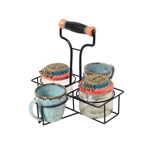 Image of AAKRITI ART CREATIONS Elegance Duo Cup & Snack Jar Set with Iron Tray | Handcrafted Abstract Art Storage Jars | Kitchen Decoration Items Stylish Tray & Jars | Kitchen Containers with Metal Tray