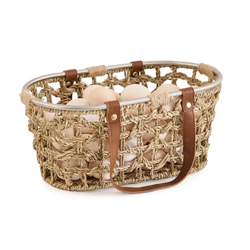 Farmhouse Seagrass Egg Baskets for Collecting Fresh Eggs Handmade Egg Collecting Basket Wicker Oval Storage Basket for Picnic, Harvest, Vegetable