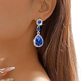 FDEETY Earrings for Women Crystal Teardrop Earrings Rhinestone Big Long Drop Dangle Diamante Hypoallergenic Earrings Bridal Jewellery Gifts for Birthday Anniversary（Blue） - Image 3