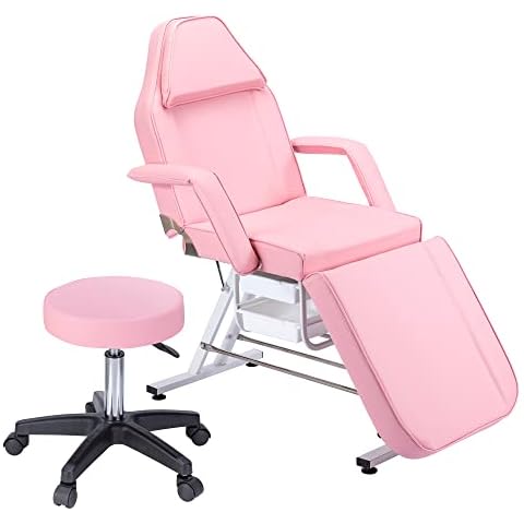 Mbolyeer Massage Salon Tattoo Chair with Two Trays Esthetician Bed with Hydraulic Stool, Multi-Purpose 3-Section Facial Bed Table, Adjustable Beauty Barber Spa Beauty Equipment (Pink) Cover