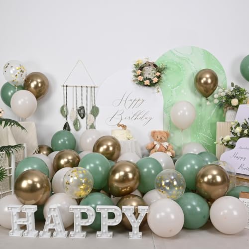 Image of Sage Green Gold Balloons, 60 Pcs 12 Inch Olive Green White Balloons with Metallic Gold Confetti Balloon for Birthday Wedding Baby Shower Bridal Shower Engagement Anniversaries Party Decorations