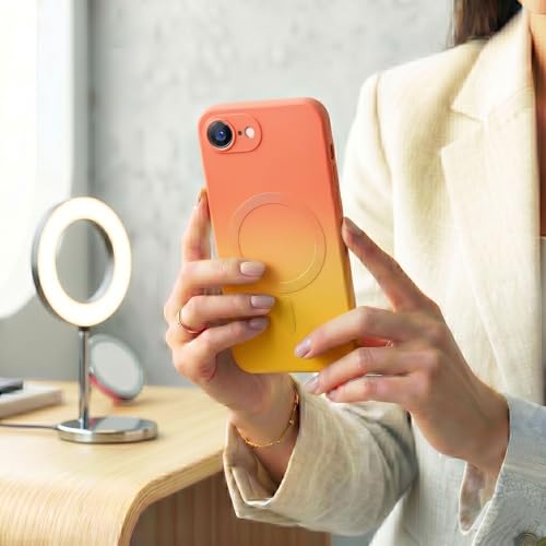 Image of amazon basics Gradient Mag-Safe Case for iPhone 16E | Soft Silicone Shockproof Cover with Camera Protection | Slim Lightweight Design | Smooth Touch & Durable - Orange & Yellow
