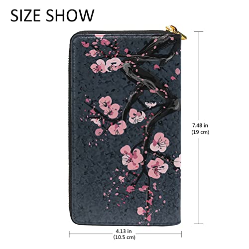 Cherry Blossom Black Leather Long Wallet Organizer with Zipper Purse Clutch Bag for Women Men4